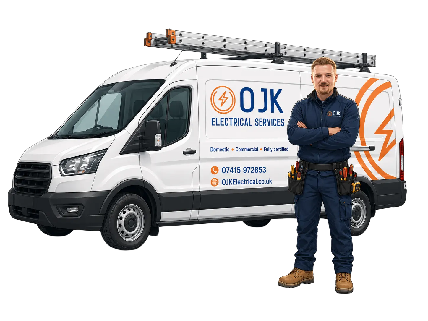 OJK Electrical van with Olly standing in front